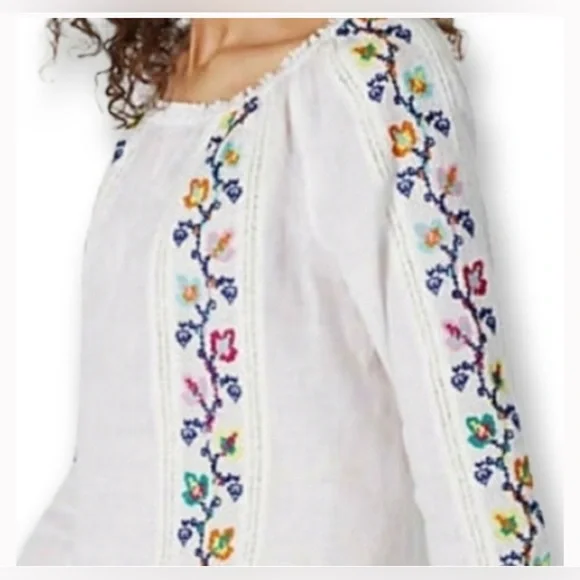 J Jill linen embroidered flowy whimsical white floral blouse size L luxury chic - Picture 2 of 9